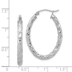 Rhodium-plated Silver Diamond-cut Textured 3mm Oval Hoop Earrings