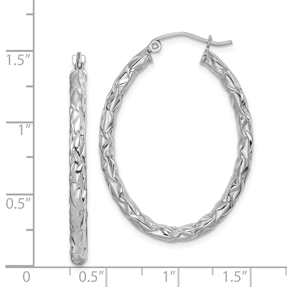 Rhodium-plated Silver Diamond-cut Textured 3mm Oval Hoop Earrings