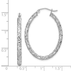 Rhodium-plated Silver Diamond-cut Textured 3mm Oval Hoop Earrings