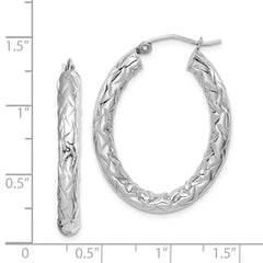 Rhodium-plated Silver Diamond-cut Textured 4mm Oval Hoop Earrings