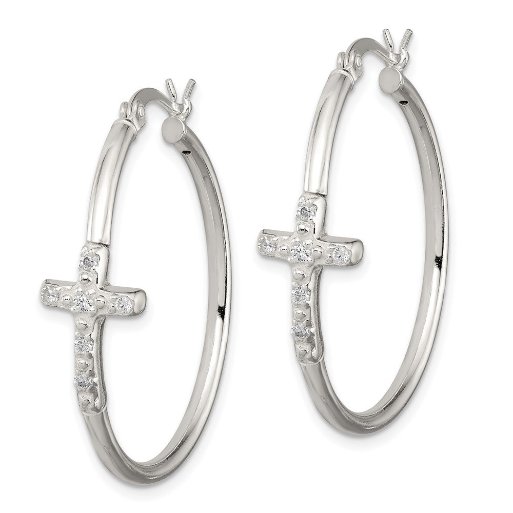 Sterling Silver Polished CZ Fancy Cross Hinged Hoop Earrings