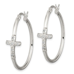 Sterling Silver Polished CZ Fancy Cross Hinged Hoop Earrings