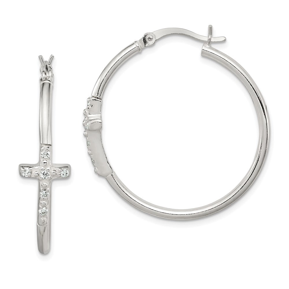Sterling Silver Polished CZ Fancy Cross Hinged Hoop Earrings