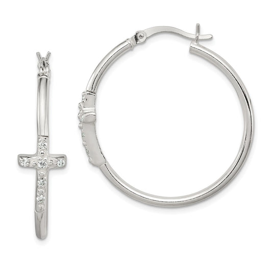 Sterling Silver Polished CZ Fancy Cross Hinged Hoop Earrings