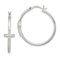 Sterling Silver Polished CZ Fancy Cross Hinged Hoop Earrings