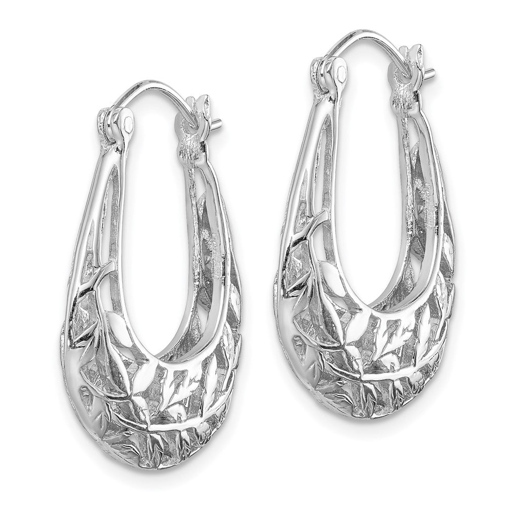 Rhodium-plated Sterling Silver Polished Leaves Hinged Hoop Earrings