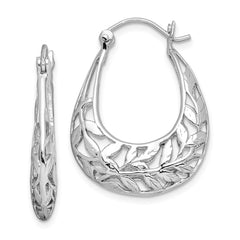 Rhodium-plated Sterling Silver Polished Leaves Hinged Hoop Earrings