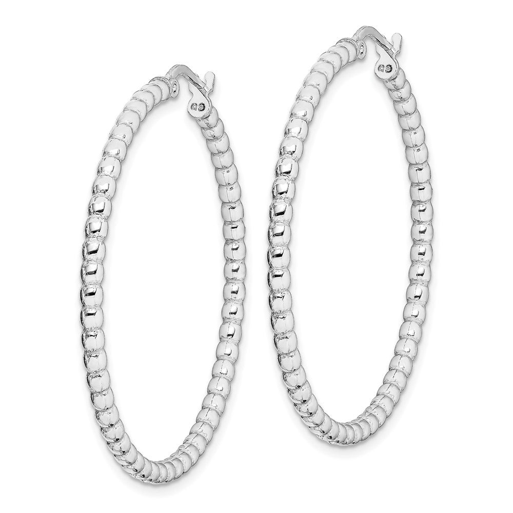Rhodium-plated Sterling Silver Beaded 3x35mm Hoop Earrings
