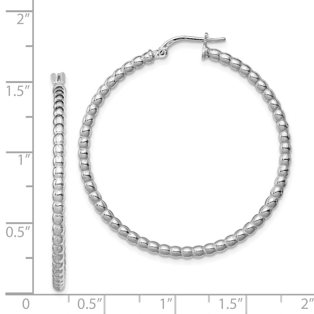 Rhodium-plated Sterling Silver Beaded 3x35mm Hoop Earrings