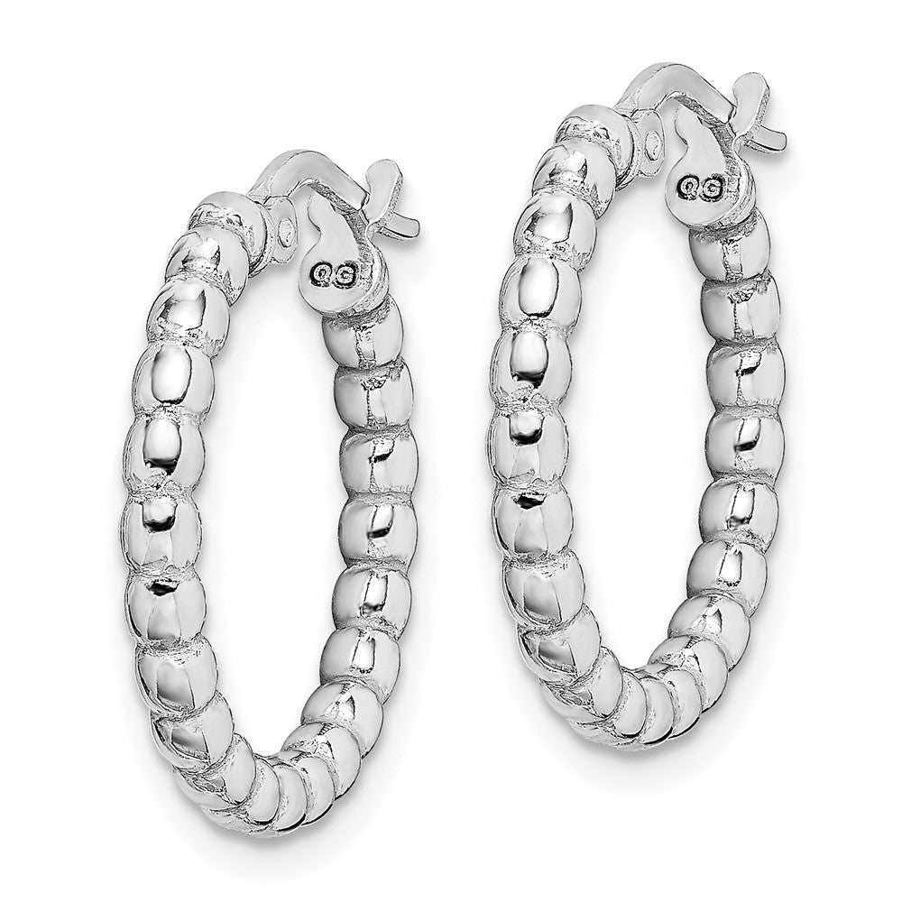 Rhodium-plated Sterling Silver Beaded 3x15mm Hoop Earrings