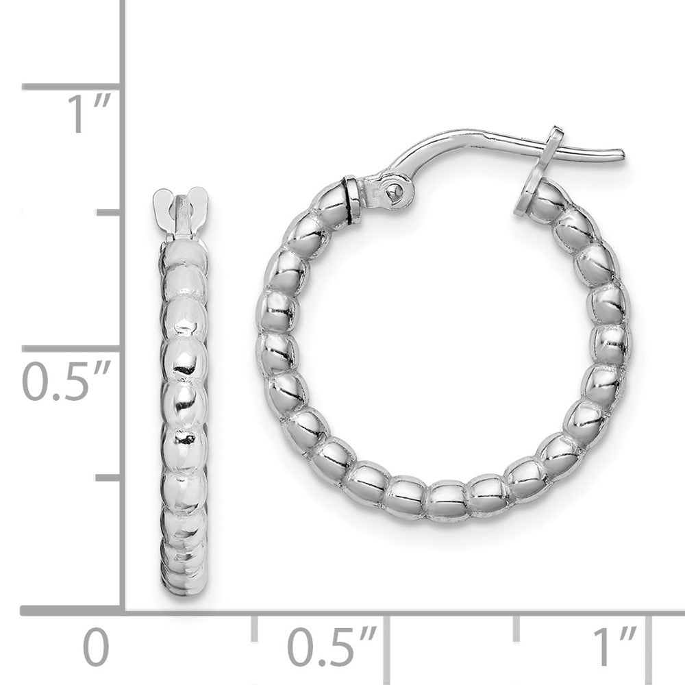 Rhodium-plated Sterling Silver Beaded 3x15mm Hoop Earrings