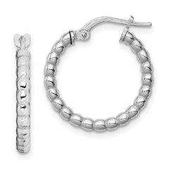 Rhodium-plated Sterling Silver Beaded 3x15mm Hoop Earrings
