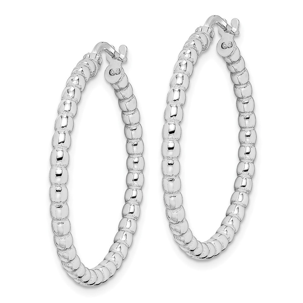 Rhodium-plated Sterling Silver Beaded 3x25mm Hoop Earrings