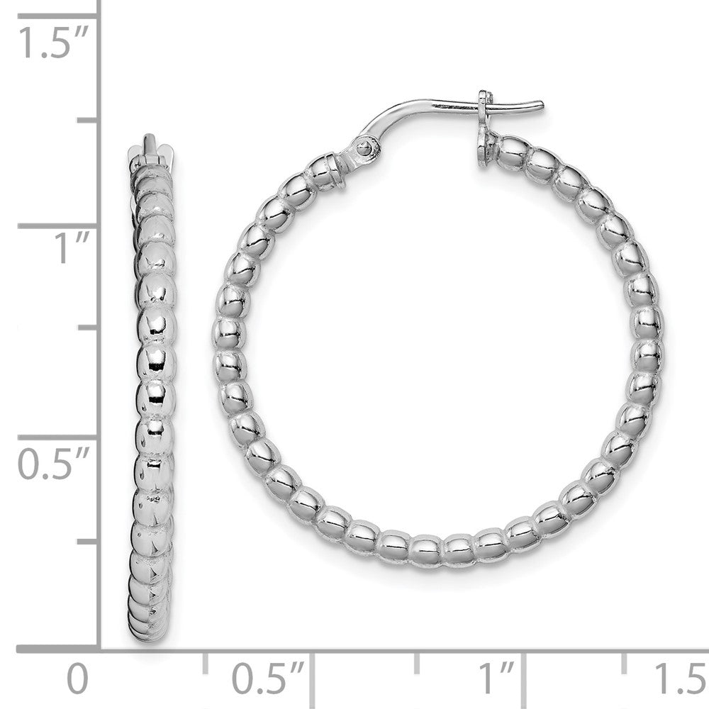 Rhodium-plated Sterling Silver Beaded 3x25mm Hoop Earrings