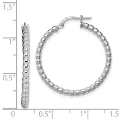 Rhodium-plated Sterling Silver Beaded 3x25mm Hoop Earrings