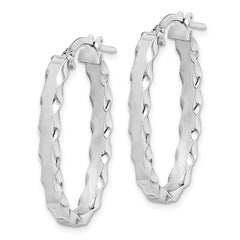 Rhodium-plated Silver Oval Scalloped Edge 4mm Hoop Earrings