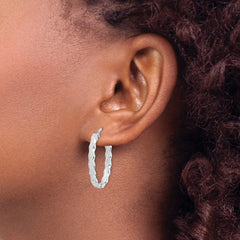 Rhodium-plated Silver Oval Scalloped Edge 4mm Hoop Earrings