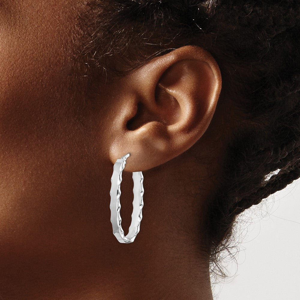 Rhodium-plated Silver Oval Scalloped Edge 5mm Hoop Earrings