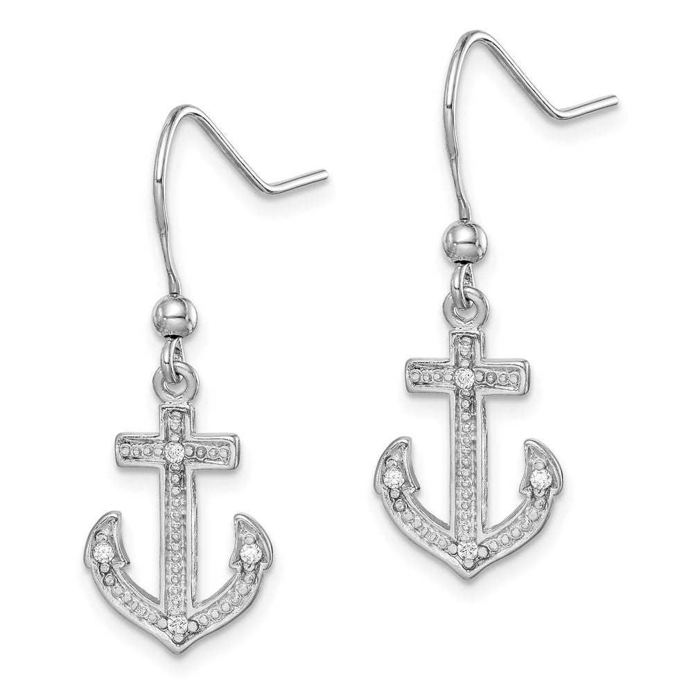 Rhodium-plated Silver Polished CZ Anchor Shepherd Hook Earrings