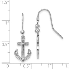 Rhodium-plated Silver Polished CZ Anchor Shepherd Hook Earrings