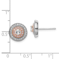 Rhodium-plated Silver CZ with Rose Gold Plating Pave Post Earrings