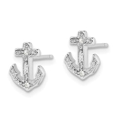 Rhodium-plated Sterling Silver Polished CZ Anchor Post Earrings