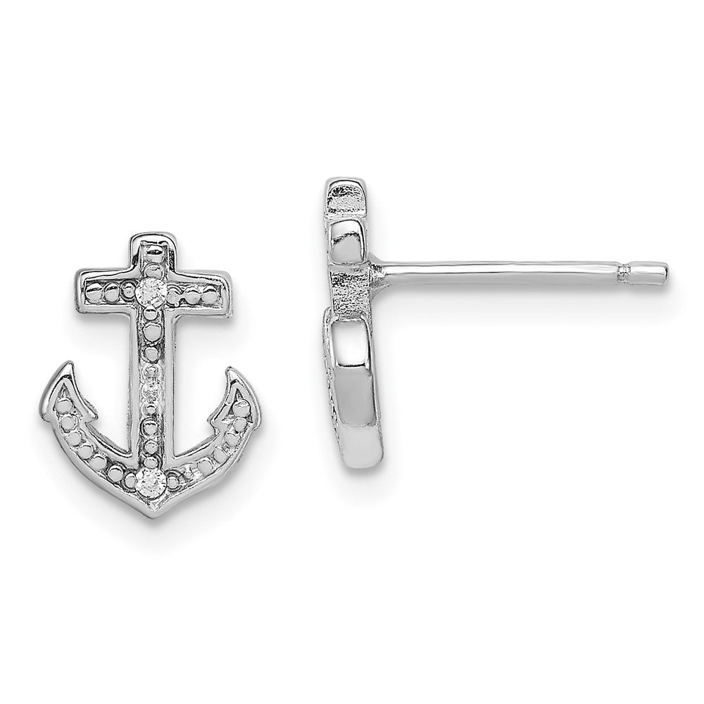 Rhodium-plated Sterling Silver Polished CZ Anchor Post Earrings
