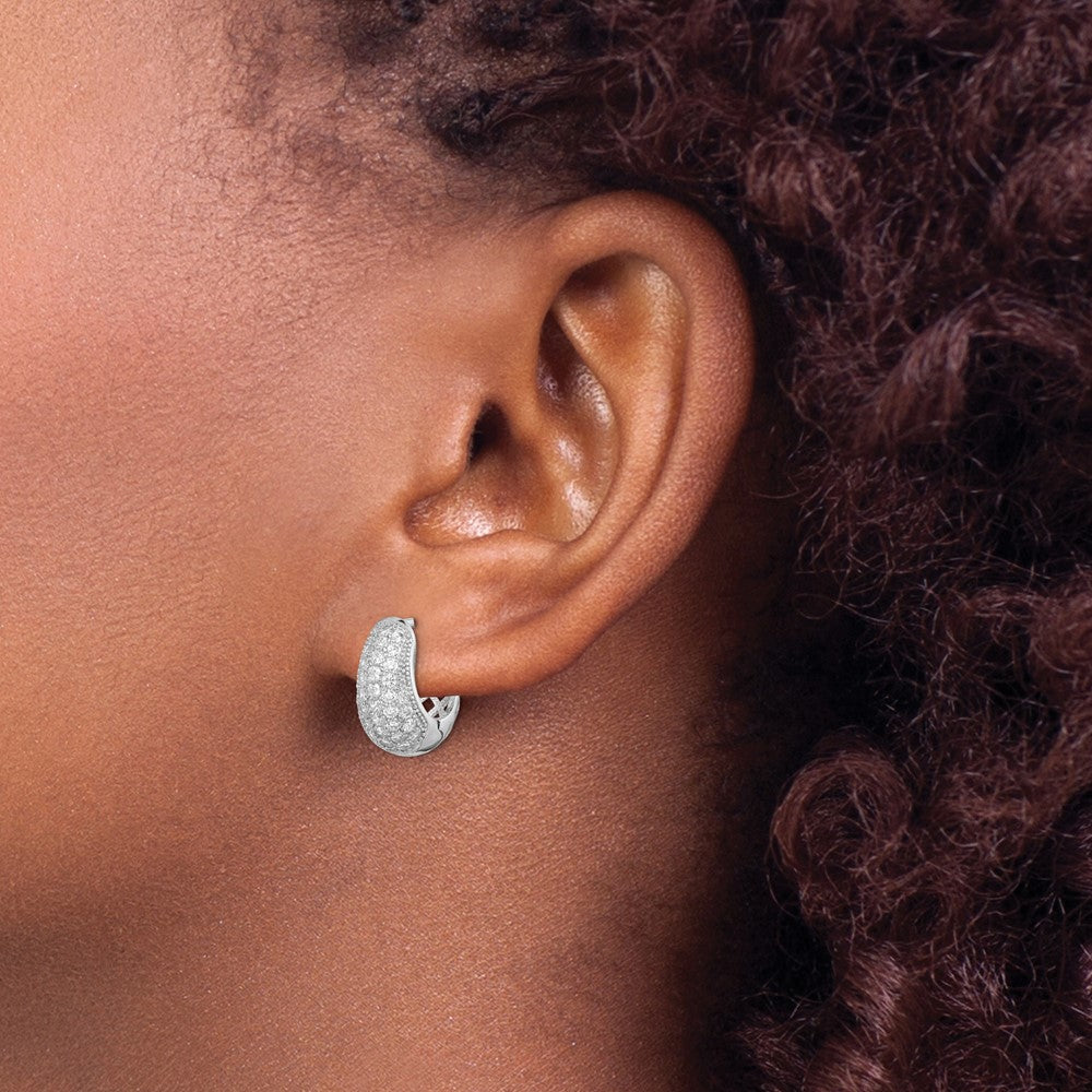 Rhodium-plated Sterling Silver CZ Hinged Hoop Earrings