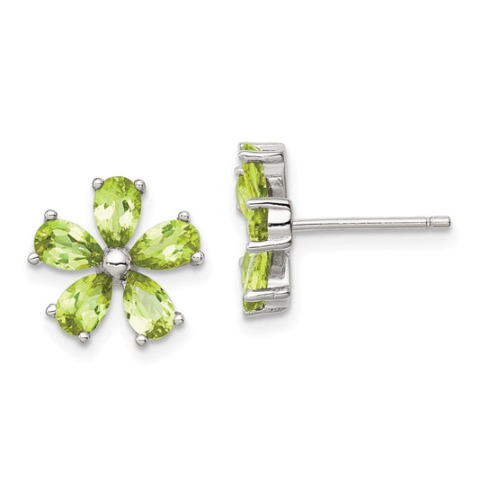 Rhodium-plated Sterling Silver Peridot Floral Post Earrings