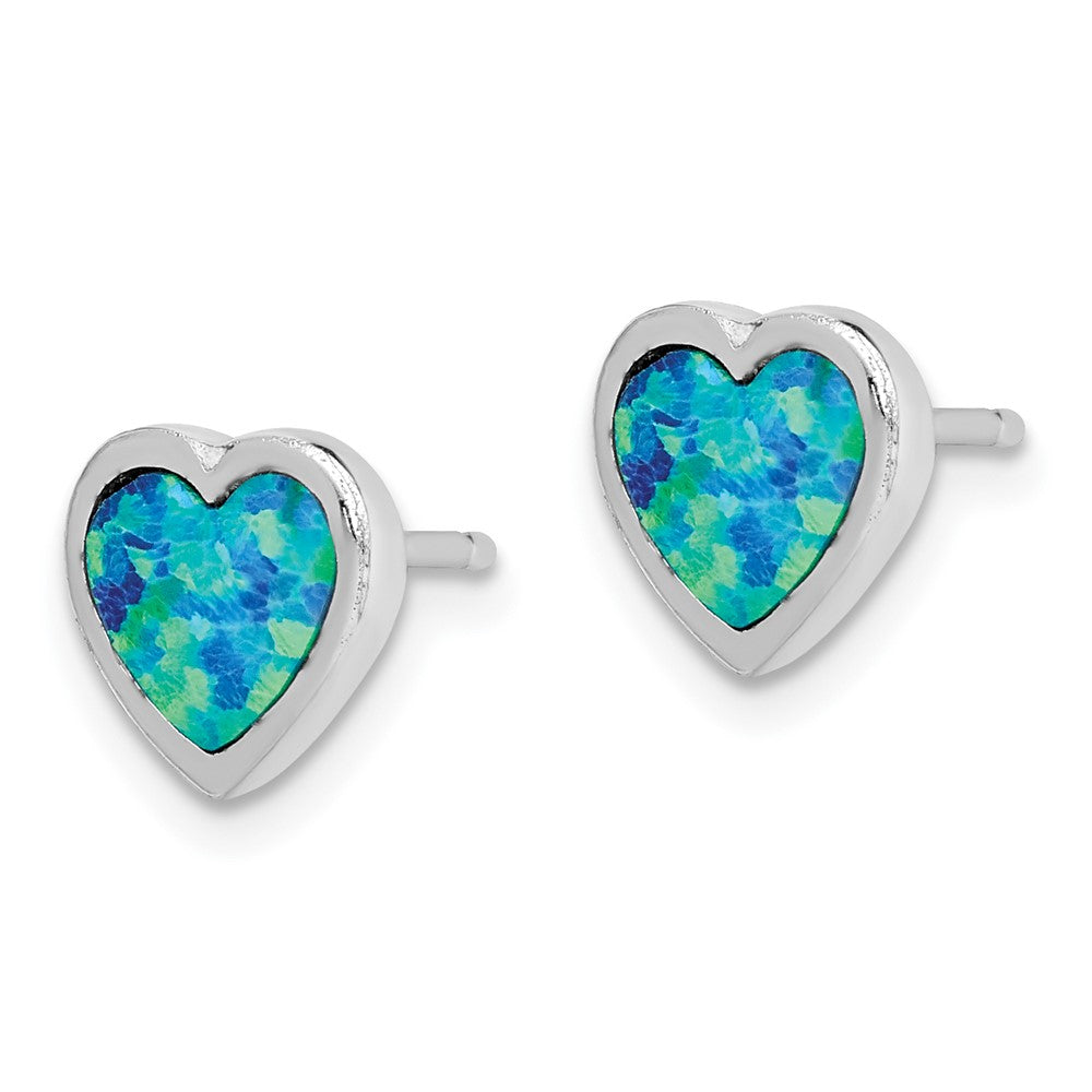Rhodium-plated Sterling Silver Lab Created Opal Heart Post Earrings