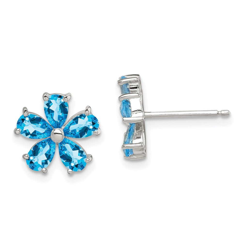 Rhodium-plated Sterling Silver Blue Topaz Flower Earrings