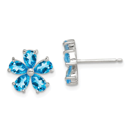 Rhodium-plated Sterling Silver Blue Topaz Flower Earrings
