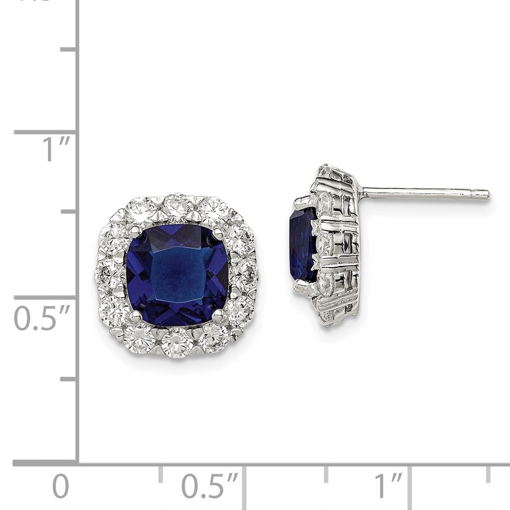 Rhodium-plated Sterling Silver Blue Glass and CZ Post Earrings