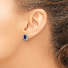 Rhodium-plated Silver CZ and Created Sapphire Oval Halo Post Earrings
