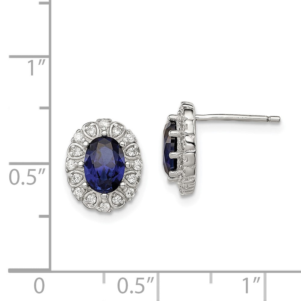 Rhodium-plated Silver CZ and Created Sapphire Oval Halo Post Earrings