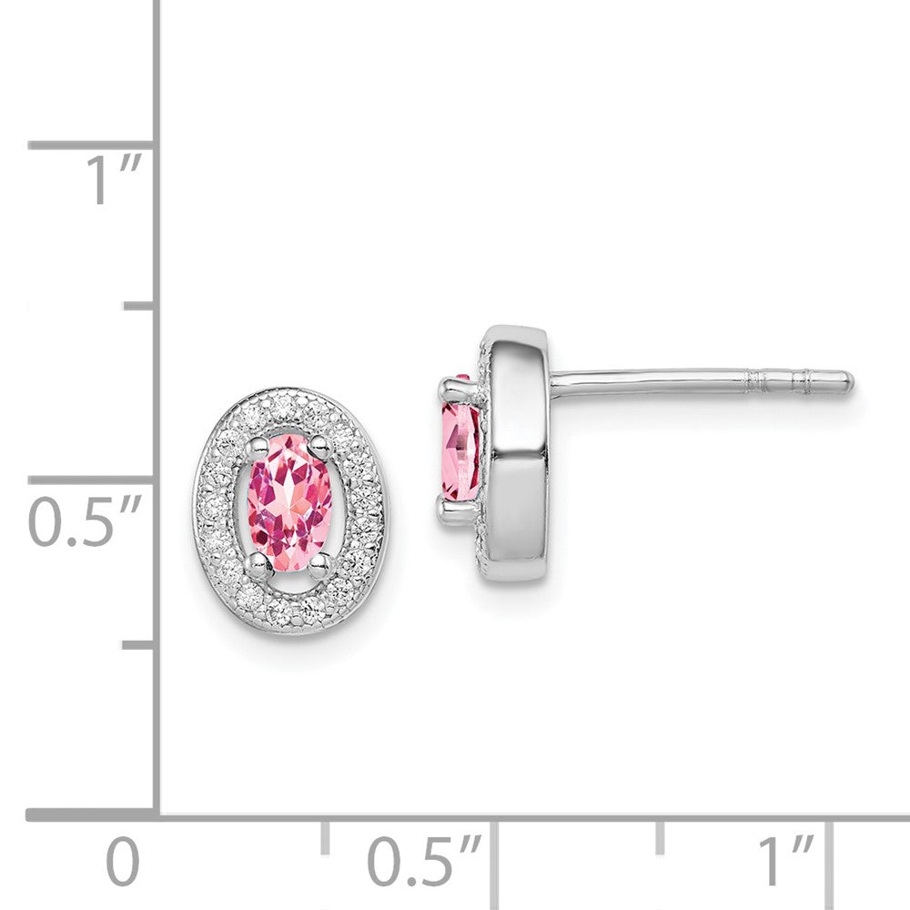 Rhodium-plated Sterling Silver Pink and White CZ Oval Post Earrings
