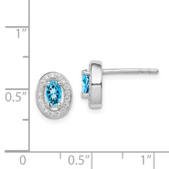 Rhodium-plated Sterling Silver Blue and White CZ Oval Post Earrings