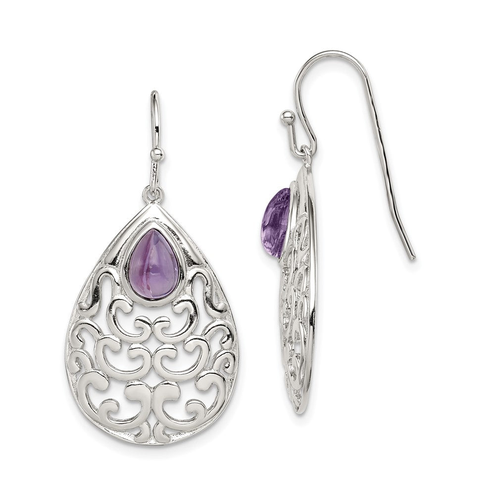 Rhodium-plated Sterling Silver Amethyst Teardrop Shepherd Hook Earrings