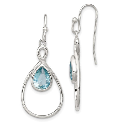 Rhodium-plated Silver Shepherd Hook Polished Aquamarine Glass Earrings