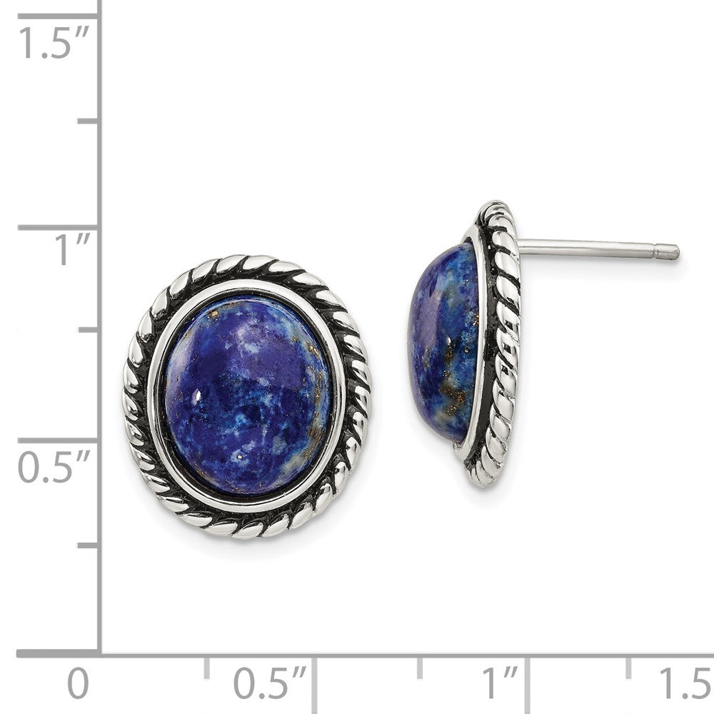 Sterling Silver Polished Antiqued Lapis Cabochon Post Earrings