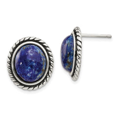 Sterling Silver Polished Antiqued Lapis Cabochon Post Earrings
