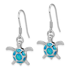 Rhodium-plated Sterling Silver Created Blue Opal Turtle Shepherd Hook Earrings