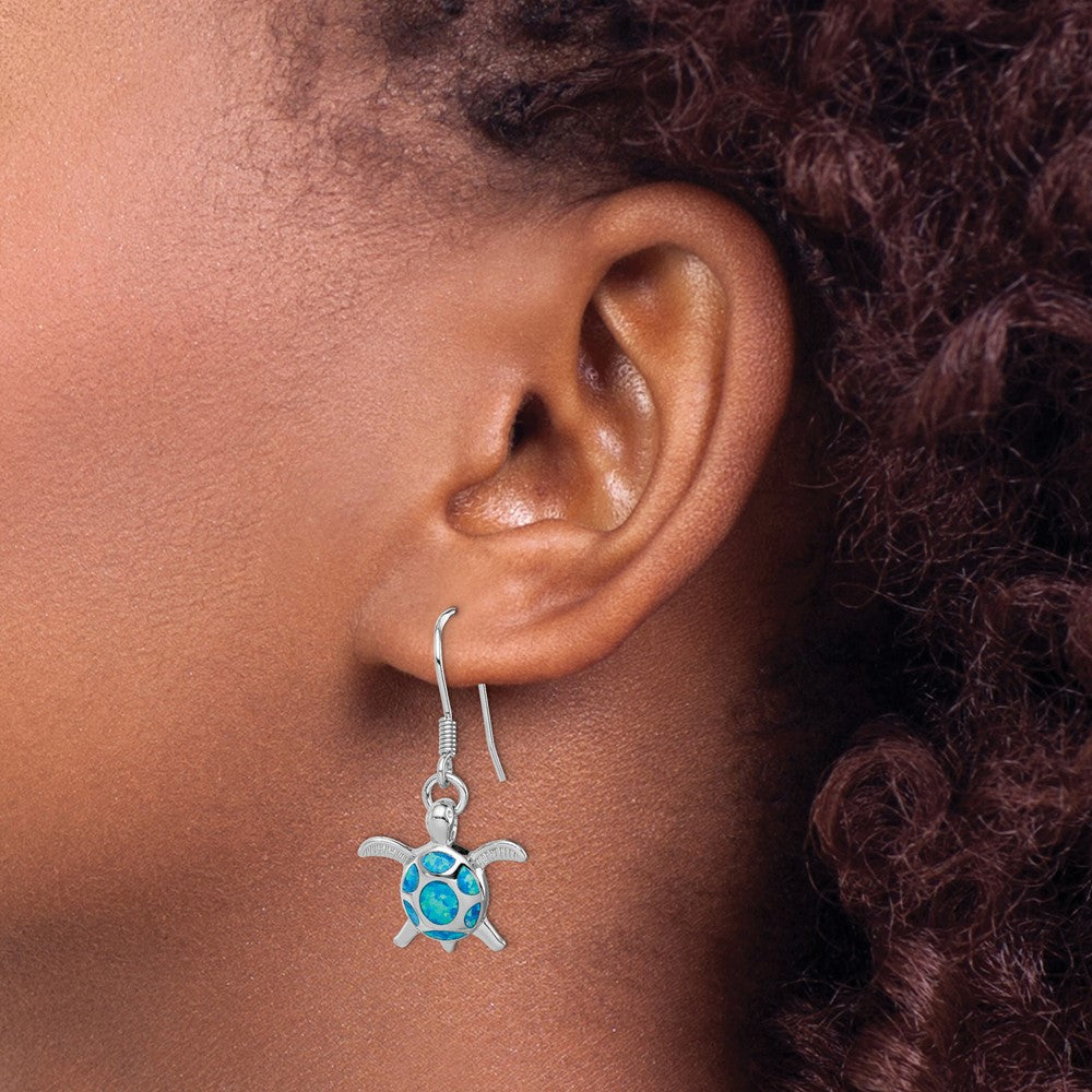 Rhodium-plated Sterling Silver Created Blue Opal Turtle Shepherd Hook Earrings
