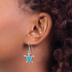 Rhodium-plated Sterling Silver Created Blue Opal Turtle Shepherd Hook Earrings