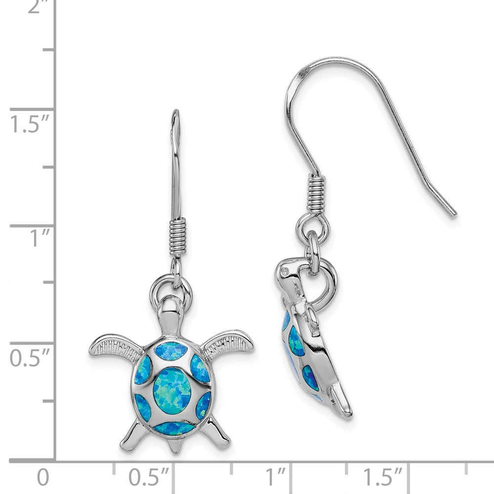 Rhodium-plated Sterling Silver Created Blue Opal Turtle Shepherd Hook Earrings