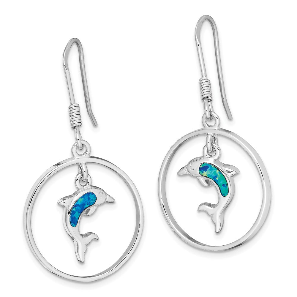 Rhodium-plated Sterling Silver Created Blue Opal Dolphin Dangle Earrings