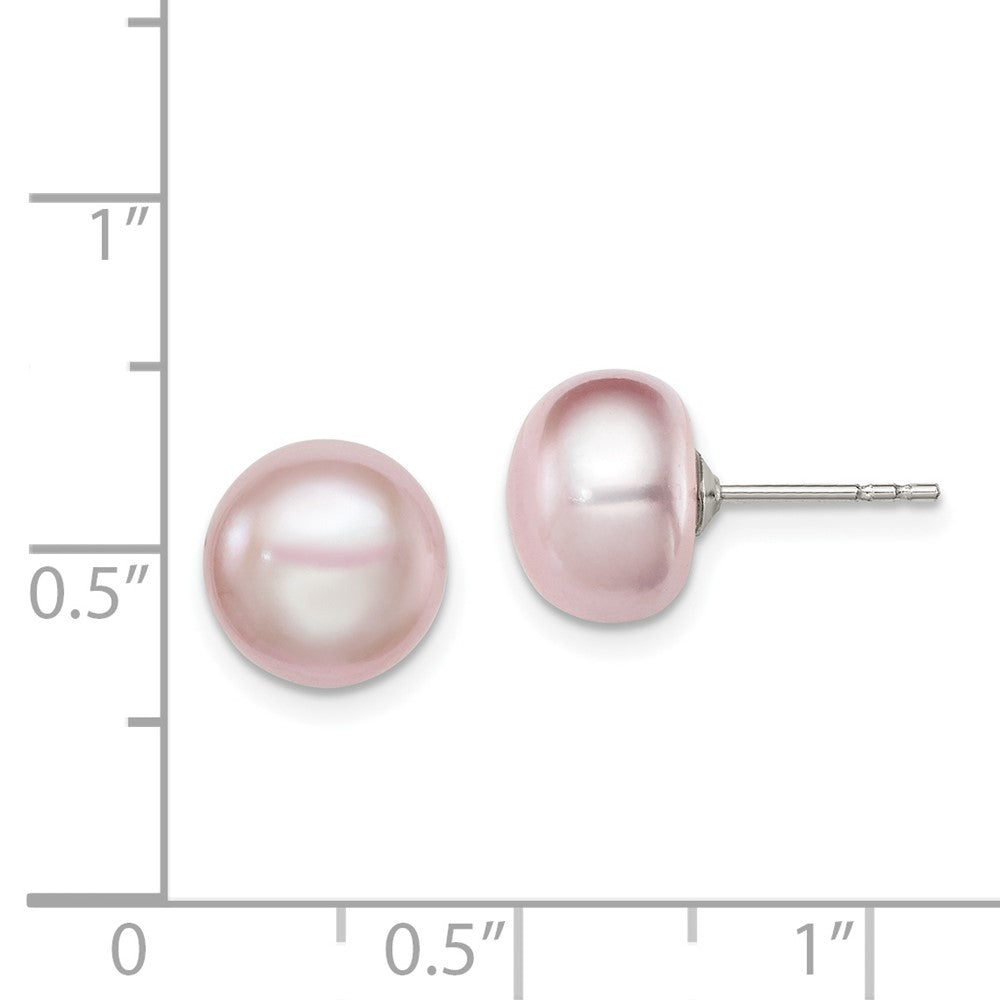 Rhodium-plated Silver 9-10mm Purple FWC Button Pearl Earrings