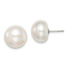 Rhodium-plated Silver 12-13mm White FWC Button Pearl Earrings