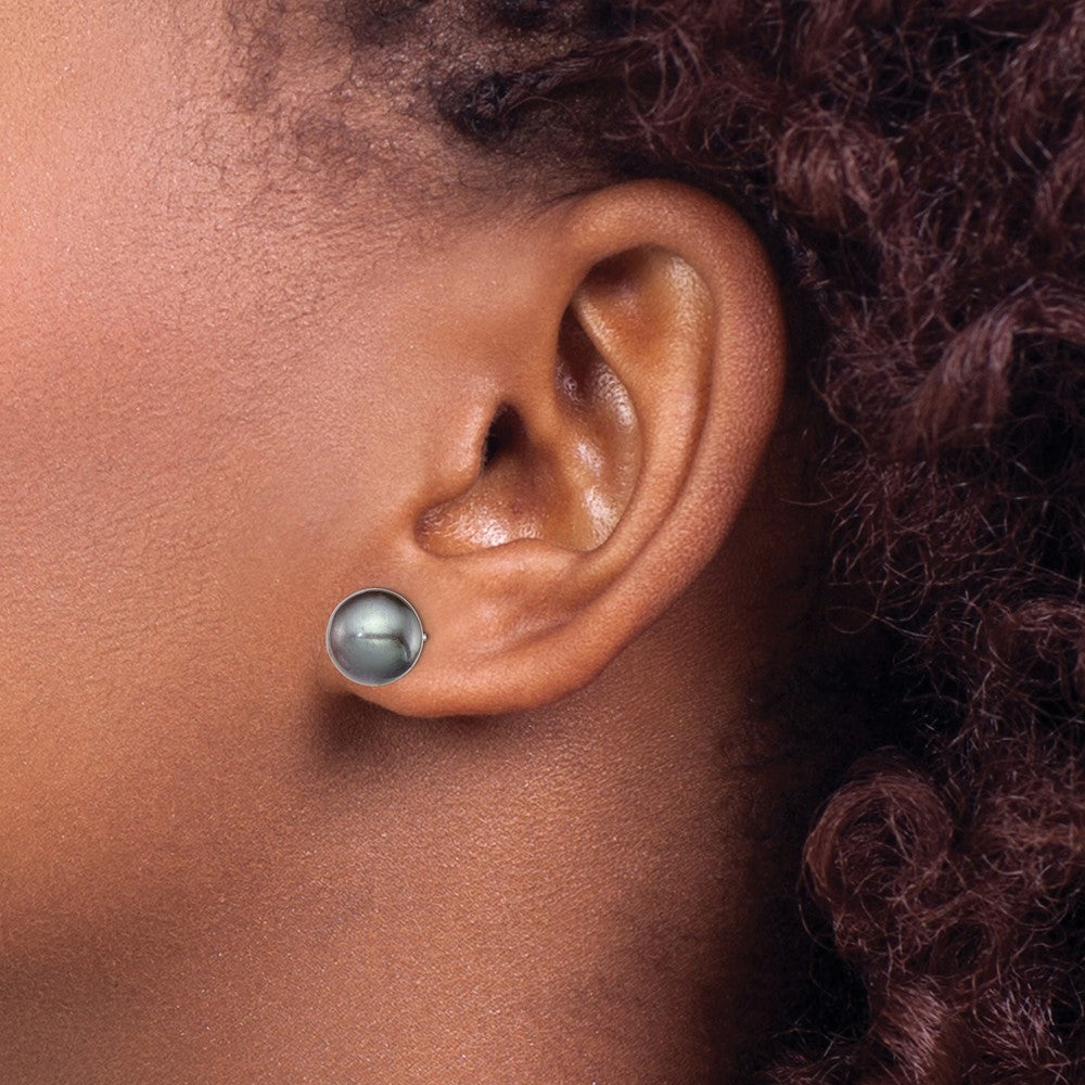 Rhodium-plated Silver 9-10mm Black FWC Round Pearl Stud Earrings