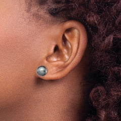 Rhodium-plated Silver 9-10mm Black FWC Round Pearl Stud Earrings